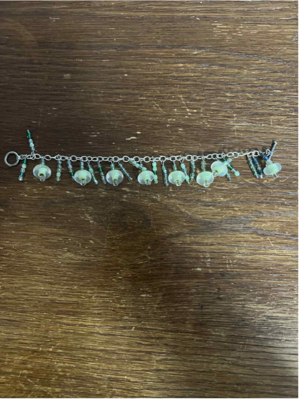 Handmade Beaded Charm Bracelet Green Glass Beads Dangle Silver Tone 8” Boho Jewe